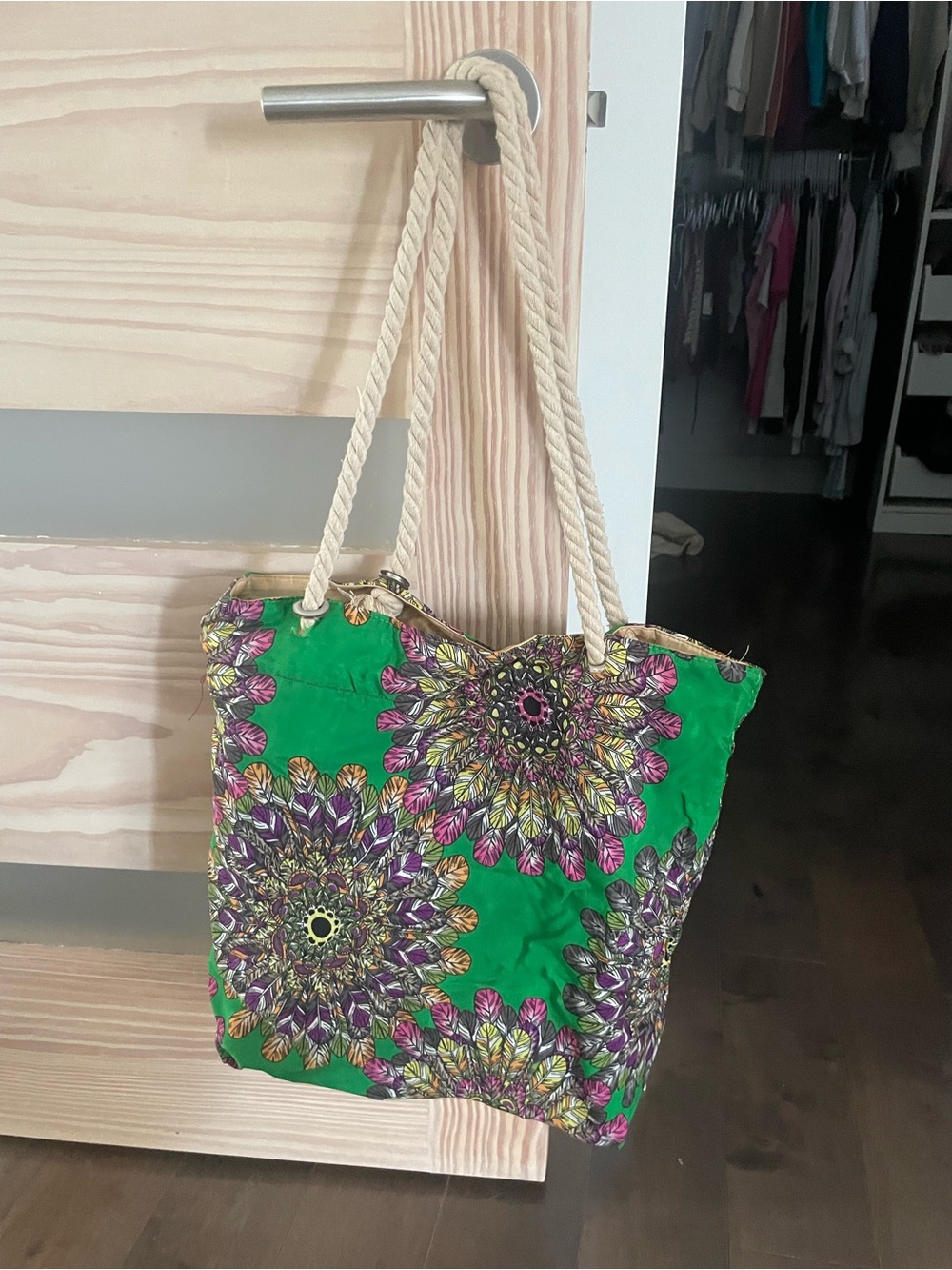 Green Floral Canvas Tote Bag with Rope Handles